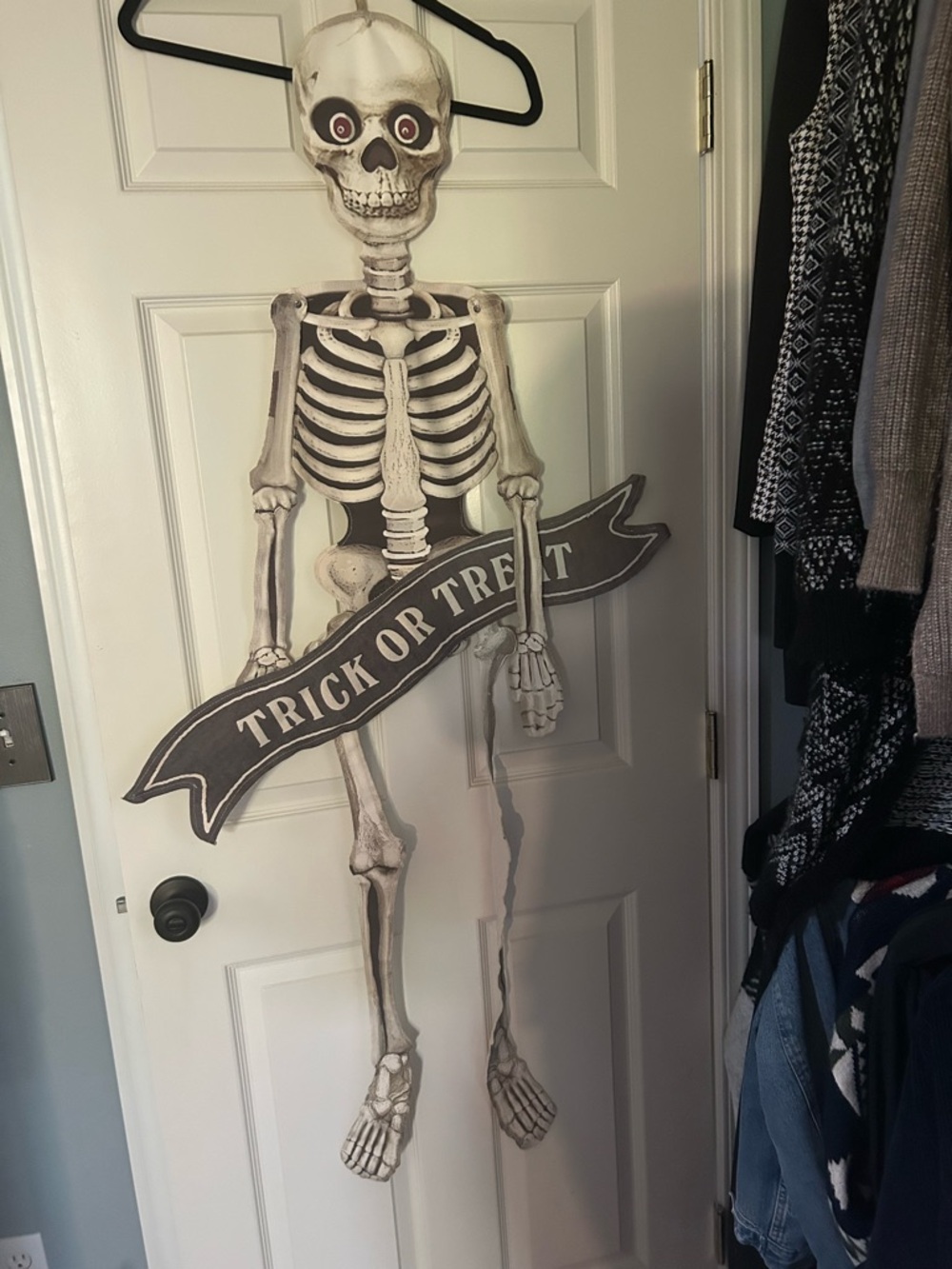 Pottery Barn Gray Skeleton Wall Hanging with 'Trick or Treat' Banner
